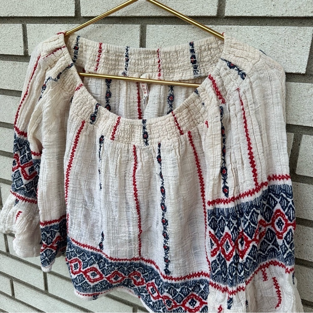 Anthropologie Raga Amalia Off Shoulder Cotton Gauze Peasant Top Ivory Blue Red M - Picture 4 of 11